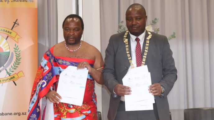 Mayor of Mbabane and representatives from Mbabane East and Mbabane West Inkhundla sign the Memorandum of Understanding at Hilton Garden Inn in Mbabane.