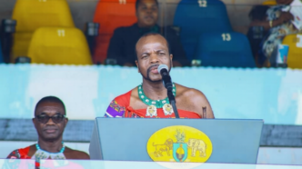 His Majesty King Mswati III addressing worshippers at Somhlolo Stadium during the national Easter service. Photo by EPN.
