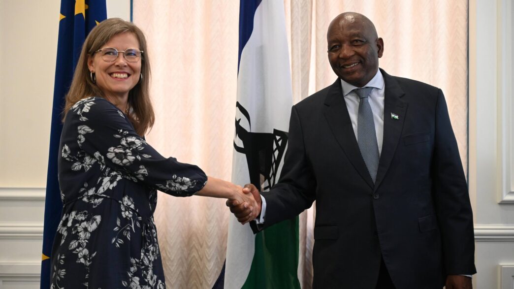 Prime Minister Sam Matekane of Lesotho shakes hands with European Union Ambassador H.E. Mette Matilda Sunnergren during a courtesy call at the State House in Maseru. Photo credit: EU in Lesotho.
