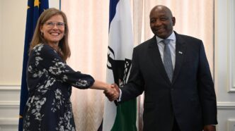 Prime Minister Sam Matekane of Lesotho shakes hands with European Union Ambassador H.E. Mette Matilda Sunnergren during a courtesy call at the State House in Maseru. Photo credit: EU in Lesotho.