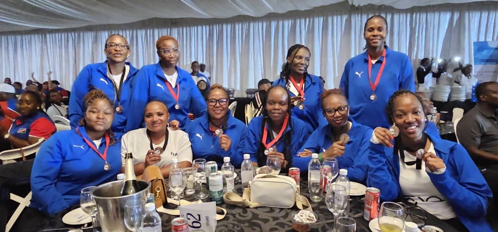 Eswatini Revenue Service athletes celebrate their medal haul in pool, table tennis, netball and chess during the SAIRAG 2026 awards ceremony in Swakopmund, Namibia. Photo by Eswatini Revenue Service.