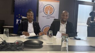 Futhi Tembe, CEO of ENPF (left), and Brightwell Nkambule, Commissioner General of ERS, signing the MoU in Ezulwini. Photo by ERS