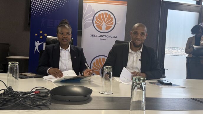 Futhi Tembe, CEO of ENPF (left), and Brightwell Nkambule, Commissioner General of ERS, signing the MoU in Ezulwini. Photo by ERS