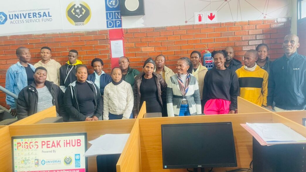 Participants of the Basic Computing Program at Piggs Peak Innovation Hub gather for a group photo after the launch on 8 April 2026.
