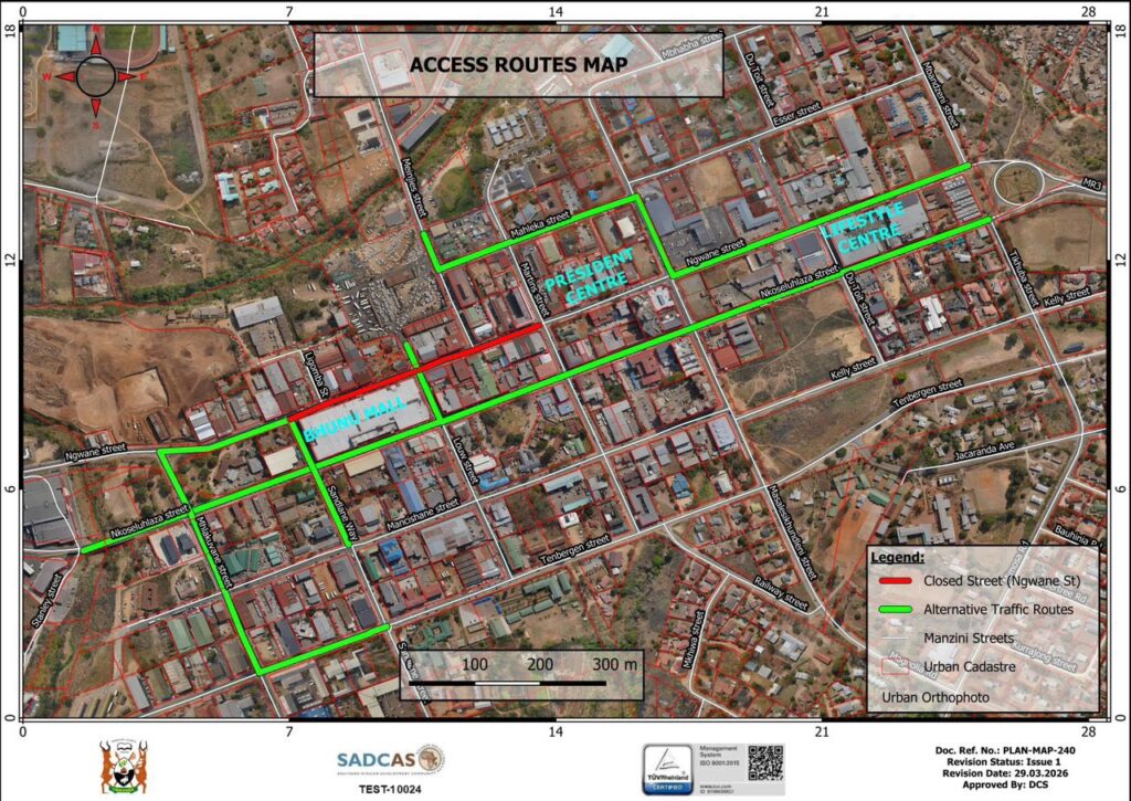 Map showing alternative routes for buses and kombis during Ngwane Street closure. Photo by Municipal Council of Manzini.