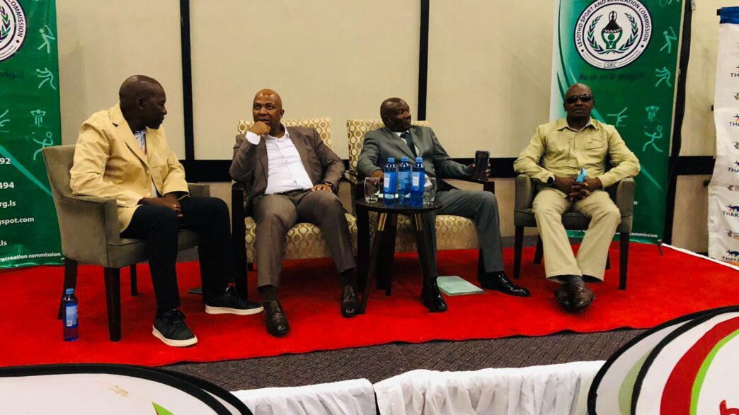 Bishop Thakadu Ramela, Honourable Motlatsi Maqelepo and Mr Elliot Lehora seated during the Moshoeshoe’s Day Horse Race press briefing in Maseru. Photo by LENA