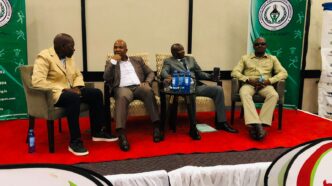 Bishop Thakadu Ramela, Honourable Motlatsi Maqelepo and Mr Elliot Lehora seated during the Moshoeshoe’s Day Horse Race press briefing in Maseru. Photo by LENA