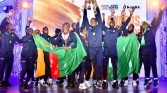 Zambian participants celebrate their overall and football victories at SAIRAG 2026, holding their trophies proudly. Photo by ZRA.