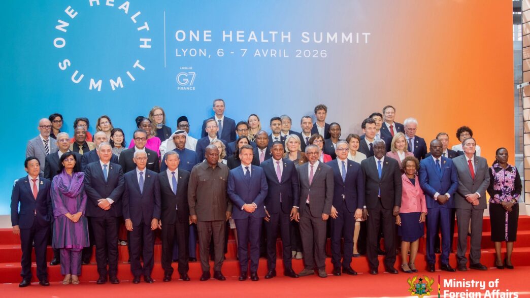 Heads of state join French President Emmanuel Macron for a group photo during the high level summit in Lyon, France, on April 8, 2026.