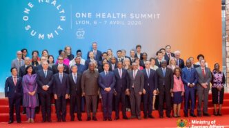 Heads of state join French President Emmanuel Macron for a group photo during the high level summit in Lyon, France, on April 8, 2026.