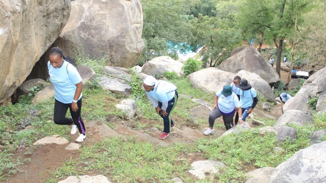 Participants dressed in sky blue make their way along the trail during the Autism Challenge 4km Hiking at Tfutjana Mount Resort in Mkhondvo, KaKholwane. Photo credit: Autism Eswatini.