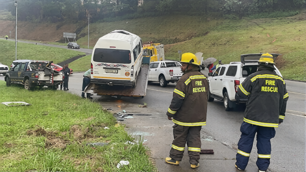 Kombi involved in the accident near the Eswatini College of Technology as emergency officials attend to the scene on Wednesday morning. Photo by Times of Eswatini.
