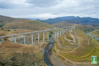 The Senqu Bridge, constructed at a cost of approximately R2.4 billion, spans about 825 metres across the Polihali Reservoir site in Mokhotlong District, Lesotho.