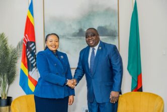 Zambia's designate High Commissioner Extraordinary and Plenipotentiary to the Kingdom of Eswatini, H.E. Derick Livune (right), pictured with Foreign Affairs and International Cooperation Minister Senator Pholile Shakantu during their meeting in Mbabane.