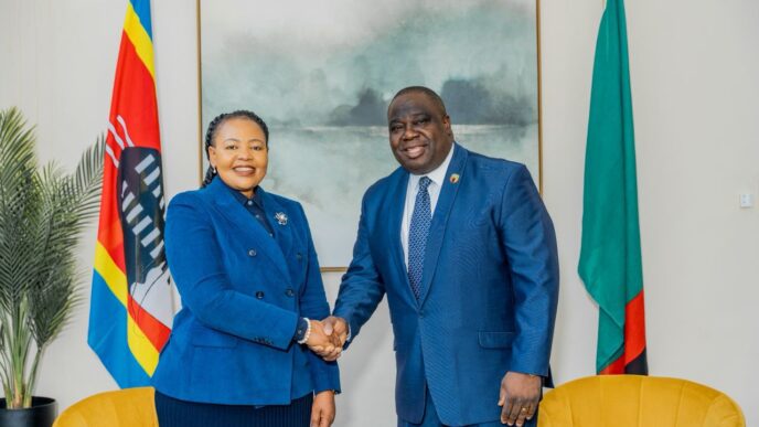 Zambia's designate High Commissioner Extraordinary and Plenipotentiary to the Kingdom of Eswatini, H.E. Derick Livune (right), pictured with Foreign Affairs and International Cooperation Minister Senator Pholile Shakantu during their meeting in Mbabane.