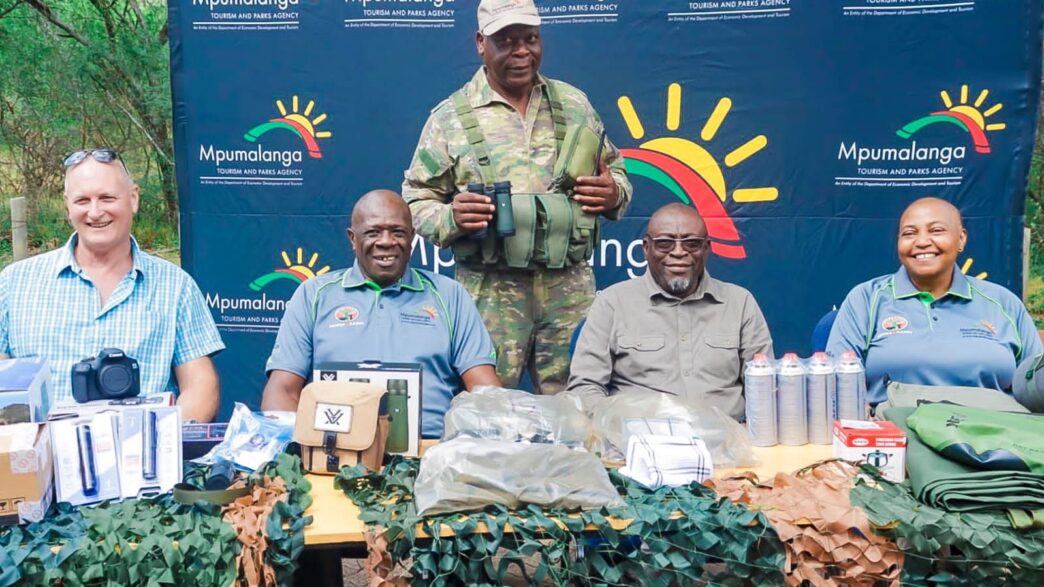 Interim Chairperson of the Mpumalanga Tourism and Parks Agency Board Mr. Fish Mahlalela, Acting Chief Executive Officer Mr. Lemmy Mdluli and Executive Manager for Biodiversity Conservation Ms. Nomcebo Kunene pictured with some of the anti-poaching equipment valued at over R500,000 donated through GEF7 funding at Loskop Dam Nature Reserve.