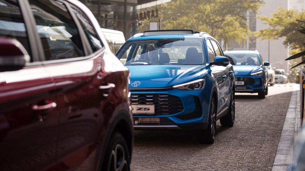 MG3 and MG ZS Pro vehicles lined up during a media test drive hosted in Cape Tow