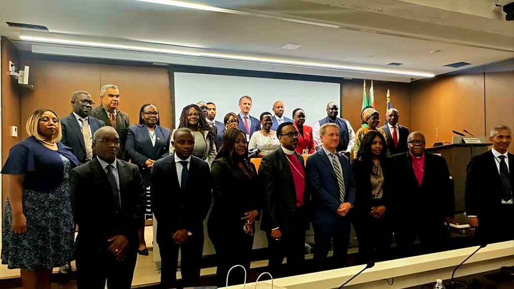 Minister of Finance Neal Rijkenberg (centre) poses with Principal Secretary Vusie Dlamini and Director of Debt Management Armstrong Dlamini at the African Union Mission to the United States, where the Minister delivered remarks on digital and financial inclusion as Chairperson of the AU Specialized Technical Committee on Finance, Planning, Economic Integration and Monetary Affairs.