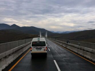 A minibus crosses the Senqu Bridge, a key infrastructure development under the Lesotho Highlands Water Project that is set to be officially opened by King Letsie III and South African President Cyril Ramaphosa on Wednesday. Photo: LENA