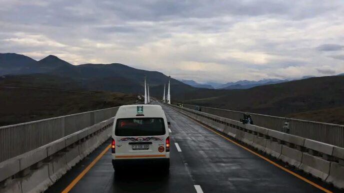 A minibus crosses the Senqu Bridge, a key infrastructure development under the Lesotho Highlands Water Project that is set to be officially opened by King Letsie III and South African President Cyril Ramaphosa on Wednesday. Photo: LENA