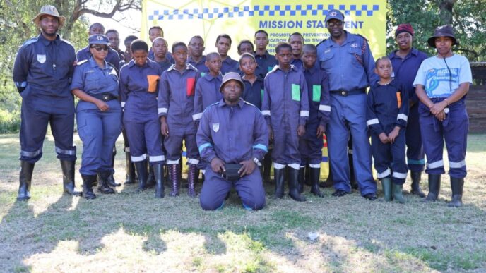 ENFRES fire officers pose with Rising Stars Generations Eswatini students at Mlawula Nature Reserve during a fire safety education session. — Photo: ENFRES