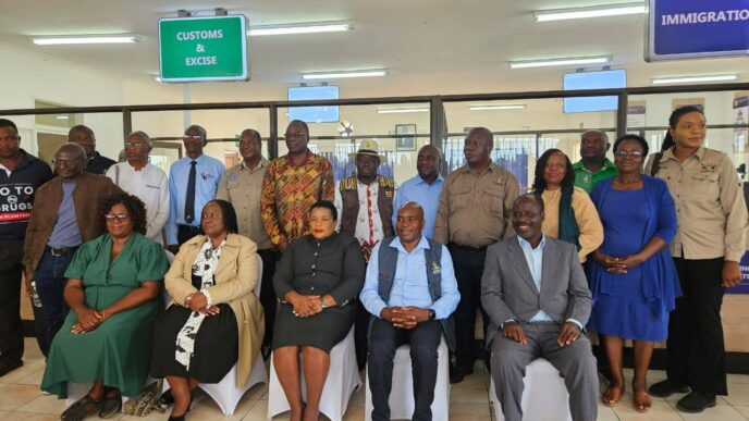 Deputy Minister of Home Affairs and Cultural Heritage Chido Sanyatwe pictured with government officials, border agencies, local community leaders and regional partners during the commissioning of the upgraded Mphoengs Border Post on April 19, 2026