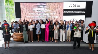 Representatives from FirstRand Bank, RMB, the International Finance Corporation, FSD Africa Investments and Aluwani Capital Partners gather at the Johannesburg Stock Exchange during the listing of Africa's first Nature-Linked Performance-Based Bond on April 17, 2026.