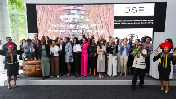 Representatives from FirstRand Bank, RMB, the International Finance Corporation, FSD Africa Investments and Aluwani Capital Partners gather at the Johannesburg Stock Exchange during the listing of Africa's first Nature-Linked Performance-Based Bond on April 17, 2026.