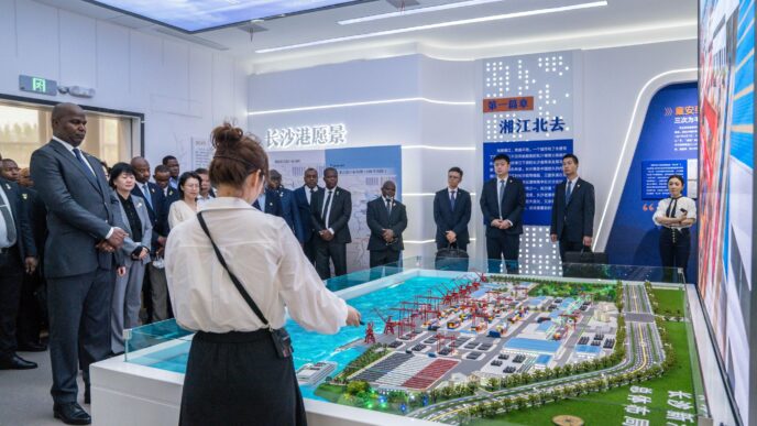 Mozambican President Daniel Chapo addresses businesspeople from China's Hunan province during a Sino-Mozambican Business Forum in Changsha on Friday, April 18, 2026, where he pitched Mozambique as a safe and attractive investment destination.