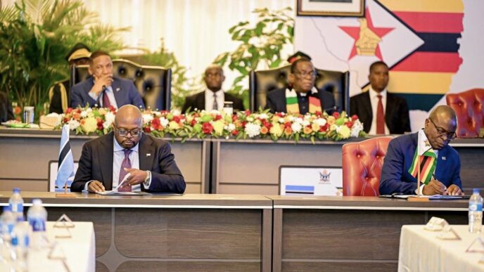 Botswana President Duma Gideon Boko and Zimbabwean President Emmerson Mnangagwa co-chair the 5th Session of the Botswana and Zimbabwe Bi-National Commission in Harare, where the two countries signed 10 memorandums of understanding.
