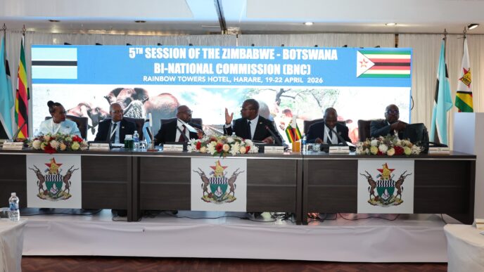 caption for them 00:22 Claude responded: Zimbabwe's Minister of Foreign Affairs and International Trade Prof Amon Murwira and Botswana's Minister of International Relations Dr Phenyo Butale co-chair t… Zimbabwe's Minister of Foreign Affairs and International Trade Prof Amon Murwira and Botswana's Minister of International Relations Dr Phenyo Butale co-chair the ministerial segment of the 5th Session of the Zimbabwe–Botswana Bi-National Commission in Harare on Tuesday.