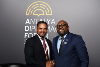 Botswana's Minister of International Relations Dr. Phenyo Butale meets with South Africa's Assistant Minister of International Relations Alvin Botes on the sidelines of the Antalya Diplomacy Forum, April 18, 2026