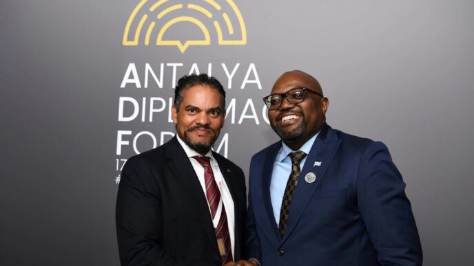 Botswana's Minister of International Relations Dr. Phenyo Butale meets with South Africa's Assistant Minister of International Relations Alvin Botes on the sidelines of the Antalya Diplomacy Forum, April 18, 2026