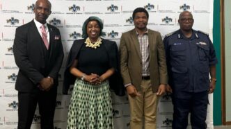 Minister of ICT Savannah Maziya (centre) joins Royal Eswatini Police Service representatives and Dr Jean Paul Muka from Presight, part of the G42 group, for a group photo following a high-level engagement on artificial intelligence and advanced data analytics held in Mbabane. | Photo: Supplied