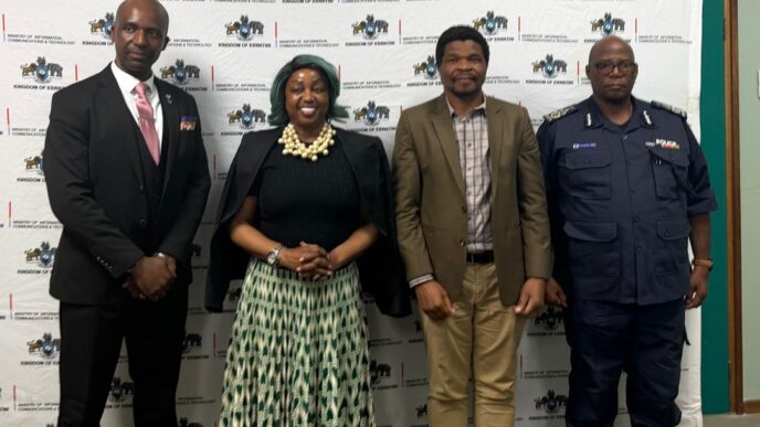 Minister of ICT Savannah Maziya (centre) joins Royal Eswatini Police Service representatives and Dr Jean Paul Muka from Presight, part of the G42 group, for a group photo following a high-level engagement on artificial intelligence and advanced data analytics held in Mbabane. | Photo: Supplied