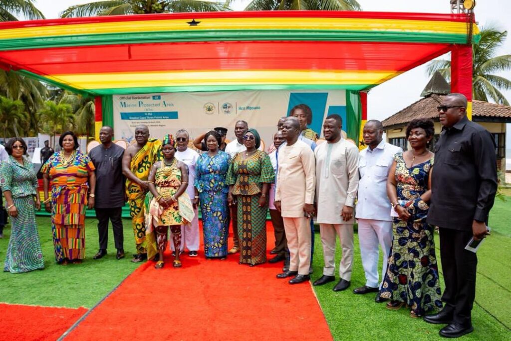 Ghana's Vice President Jane Naana Opoku-Agyemang (centre) joins Minister for Tourism, Culture and Creative Arts, Abla Dzifa Gomashie, and other officials during the launch of Ghana's first Marine Protected Area at Greater Cape Three Points in the Western Region. | Photo: Supplied