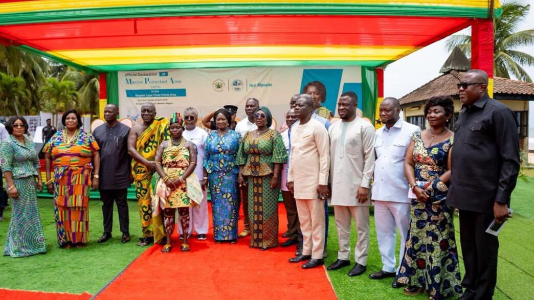 Ghana's Vice President Jane Naana Opoku-Agyemang (centre) joins Minister for Tourism, Culture and Creative Arts, Abla Dzifa Gomashie, and other officials during the launch of Ghana's first Marine Protected Area at Greater Cape Three Points in the Western Region. | Photo: Supplied