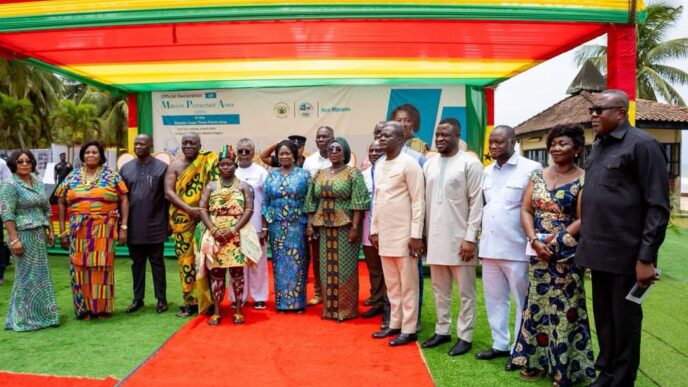 Ghana's Vice President Jane Naana Opoku-Agyemang (centre) joins Minister for Tourism, Culture and Creative Arts, Abla Dzifa Gomashie, and other officials during the launch of Ghana's first Marine Protected Area at Greater Cape Three Points in the Western Region. | Photo: Supplied