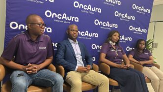 OncAura Wellness Centre director Mandla "Cheeks" Nxumalo and Dr Mbongeni Dlamini address journalists during a media briefing at the facility in Manzini this morning, where they outlined the full scope of cancer diagnosis and treatment services now available to Emaswati locally.