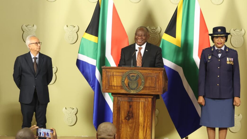 : South African President Cyril Ramaphosa addresses the media at the Union Buildings in Pretoria on Thursday, announcing the precautionary suspension of National Police Commissioner General Fannie Masemola and the appointment of Lieutenant General Puleng Dimpane as acting National Police Commissioner. Photo by GCIS