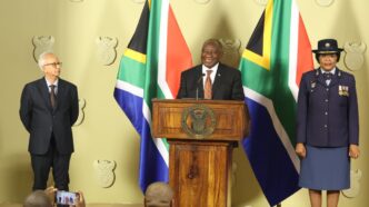 : South African President Cyril Ramaphosa addresses the media at the Union Buildings in Pretoria on Thursday, announcing the precautionary suspension of National Police Commissioner General Fannie Masemola and the appointment of Lieutenant General Puleng Dimpane as acting National Police Commissioner. Photo by GCIS