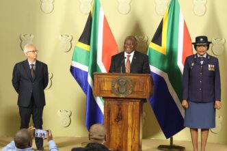 : South African President Cyril Ramaphosa addresses the media at the Union Buildings in Pretoria on Thursday, announcing the precautionary suspension of National Police Commissioner General Fannie Masemola and the appointment of Lieutenant General Puleng Dimpane as acting National Police Commissioner. Photo by GCIS