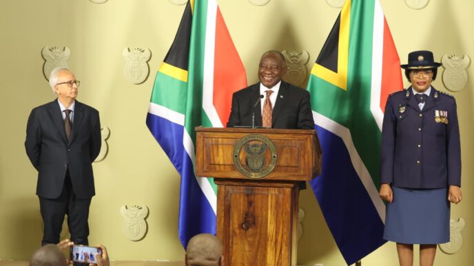 : South African President Cyril Ramaphosa addresses the media at the Union Buildings in Pretoria on Thursday, announcing the precautionary suspension of National Police Commissioner General Fannie Masemola and the appointment of Lieutenant General Puleng Dimpane as acting National Police Commissioner. Photo by GCIS