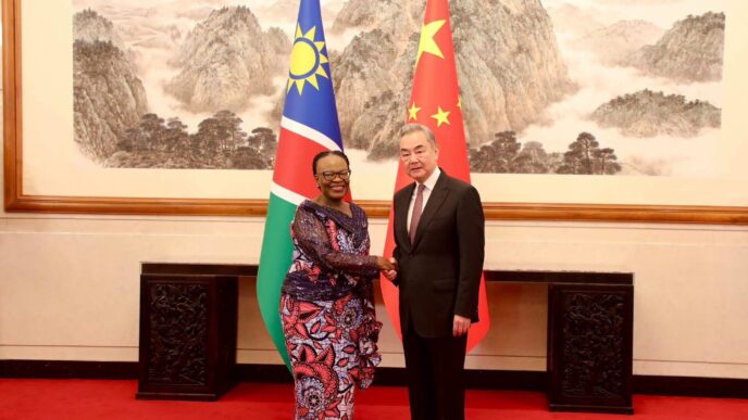 Namibia's Minister of International Relations and Trade Selma Ashipala-Musavyi and Chinese Foreign Minister Wang Yi pictured together during an official visit to Beijing from April 11 to 18, 202