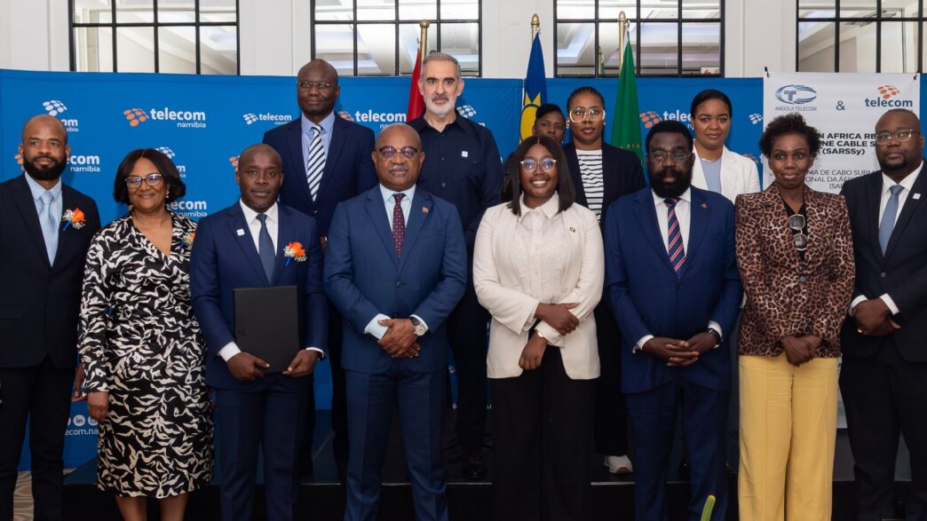 Namibia's Minister of Information and Communication Technology Emma Theofelus, Angola's Minister of Telecommunications Mário Augusto da Silva Oliveira, Angolan Ambassador to Namibia H.E. Pedro Mutindi, Telecom Namibia CEO Dr. Stanley Shanapinda, and Angola Telecom CEO Adilson Miguel dos Santos pictured together following the signing of the MoU in Swakopmund.