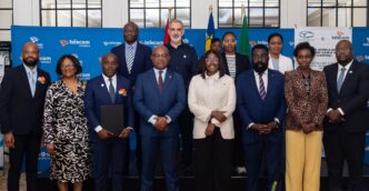 Namibia's Minister of Information and Communication Technology Emma Theofelus, Angola's Minister of Telecommunications Mário Augusto da Silva Oliveira, Angolan Ambassador to Namibia H.E. Pedro Mutindi, Telecom Namibia CEO Dr. Stanley Shanapinda, and Angola Telecom CEO Adilson Miguel dos Santos pictured together following the signing of the MoU in Swakopmund.