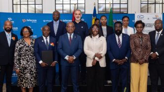 Namibia's Minister of Information and Communication Technology Emma Theofelus, Angola's Minister of Telecommunications Mário Augusto da Silva Oliveira, Angolan Ambassador to Namibia H.E. Pedro Mutindi, Telecom Namibia CEO Dr. Stanley Shanapinda, and Angola Telecom CEO Adilson Miguel dos Santos pictured together following the signing of the MoU in Swakopmund.