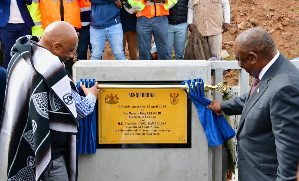 South African President Cyril Ramaphosa and Lesotho King Letsie III inspect the commemorative plaque marking the official opening of the Senqu Bridge in Mokhotlong, Kingdom of Lesotho, on April 22, 2026.