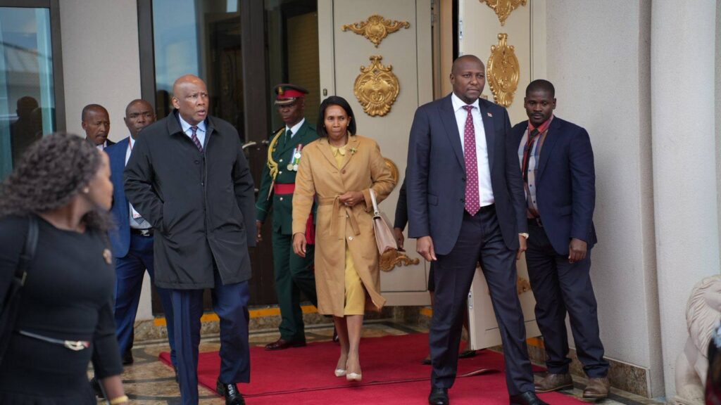 Lesotho's King Letsie III and Her Majesty the Queen are welcomed by Prime Minister Russell Mmiso Dlamini, Minister of Foreign Affairs and International Cooperation Senator Pholile Shakantu and Minister of Public Works and Transport Chief Ndlaluhlaza Ndwandwe upon arrival at King Mswati III International Airport on April 23, 2026, ahead of the 40/58 celebrations.