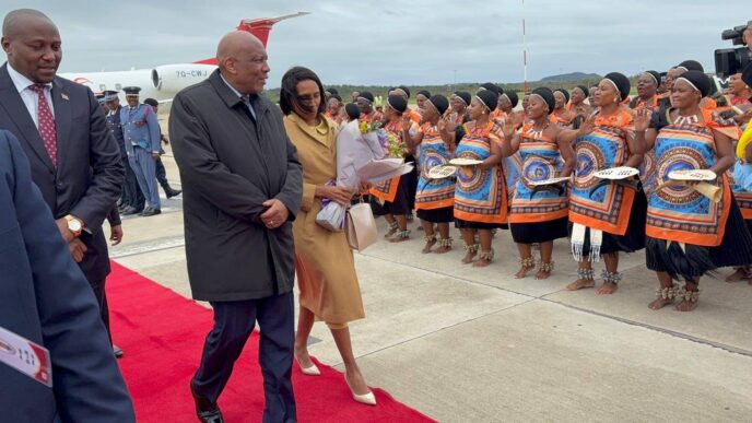 Lesotho's King Letsie III and Her Majesty the Queen are welcomed by Prime Minister Russell Mmiso Dlamini, Minister of Foreign Affairs and International Cooperation Senator Pholile Shakantu and Minister of Public Works and Transport Chief Ndlaluhlaza Ndwandwe upon arrival at King Mswati III International Airport on April 23, 2026, ahead of the 40/58 celebrations.